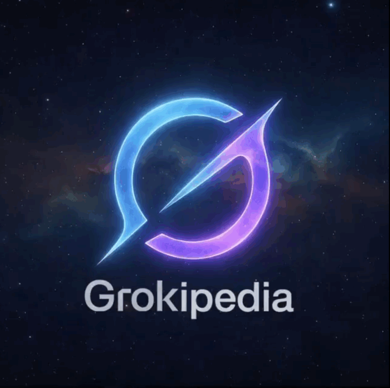 Photorealistic depiction of the Grokpedia logo floating within a vast cosmic scene filled with galaxies and stars, symbolizing the expansion of human knowledge through artificial intelligence.