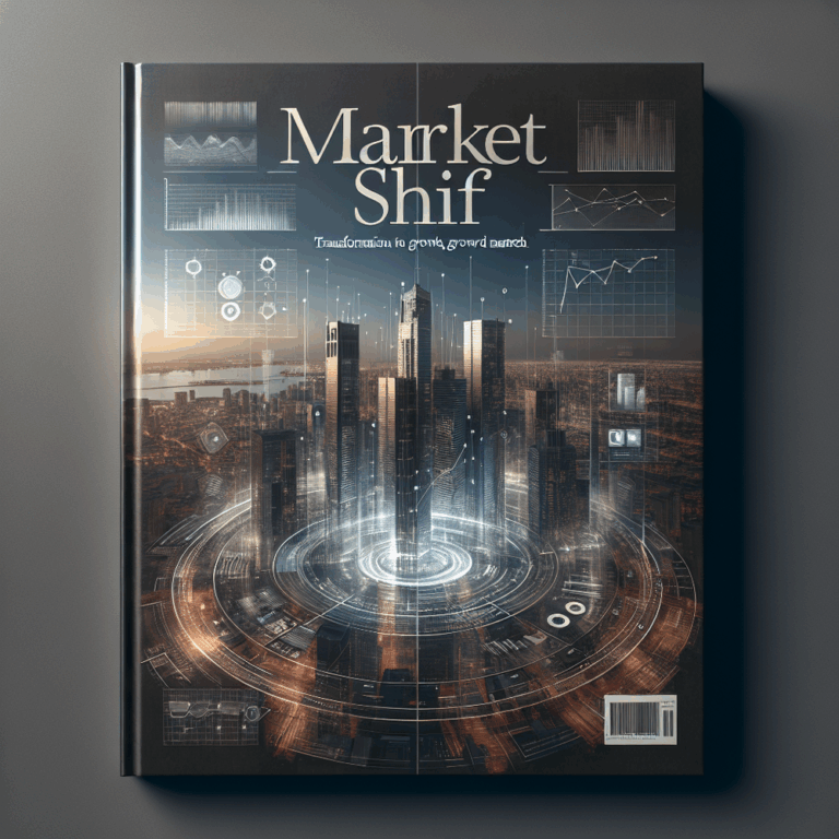 Book cover titled 'Market Shif' featuring a futuristic city skyline with data visuals.