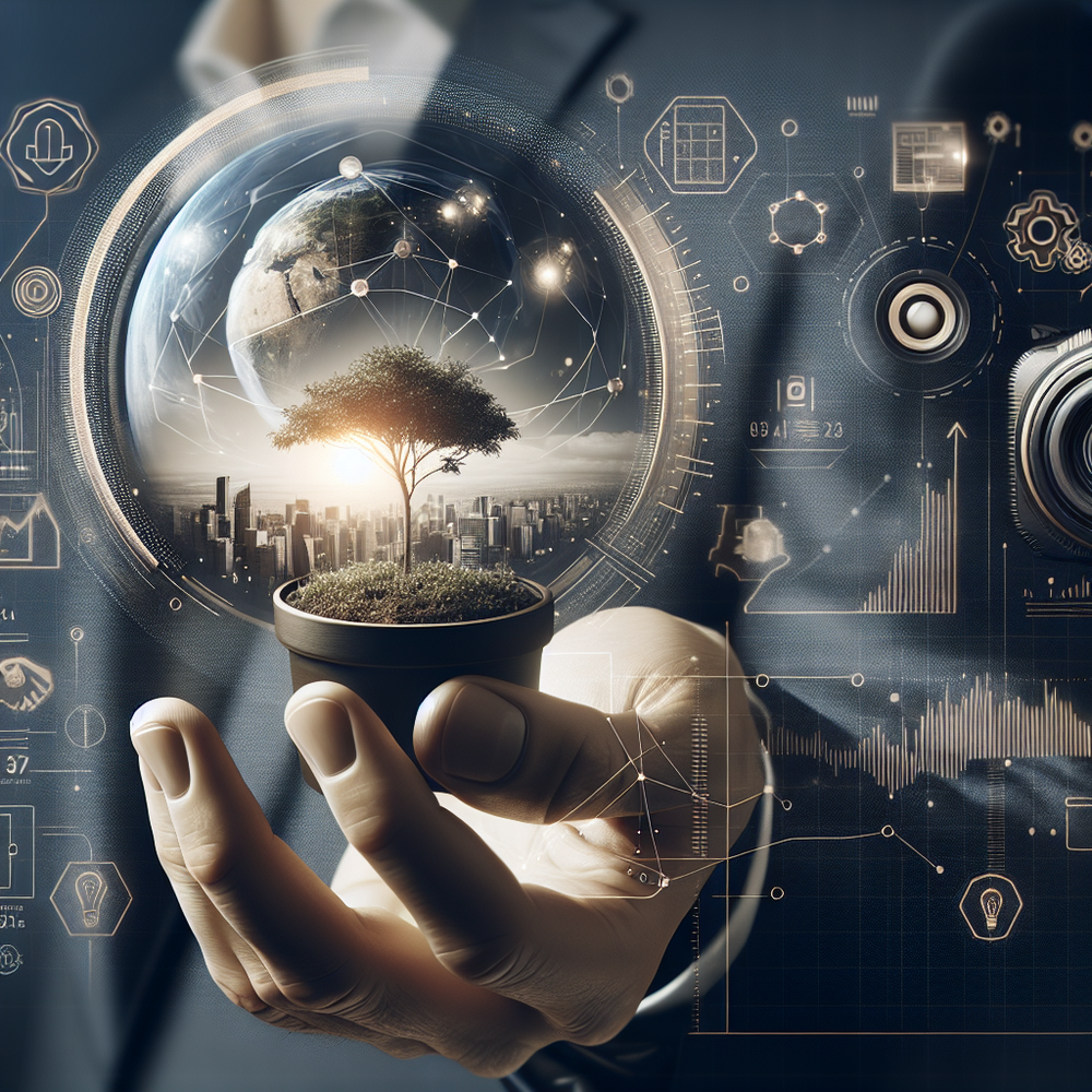 A hand holding a potted tree with a city skyline and digital elements in the background.