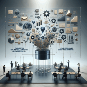 A creative visualization of data transformation and customer insights with gears and graphs.