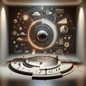 A futuristic room displaying a globe surrounded by data visuals and abstract elements.