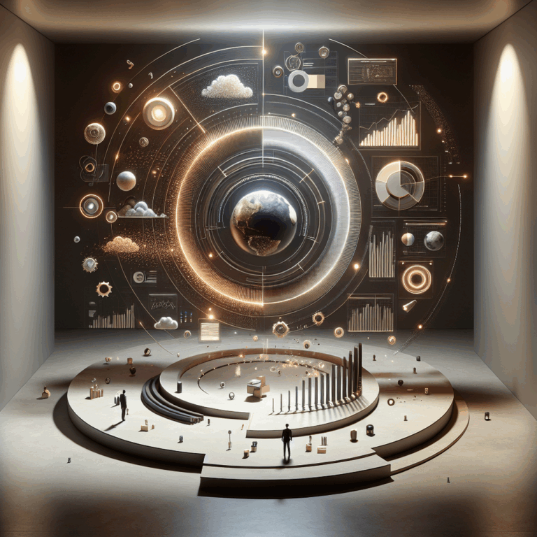 A futuristic room displaying a globe surrounded by data visuals and abstract elements.