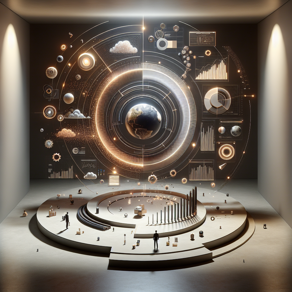 A futuristic room displaying a globe surrounded by data visuals and abstract elements.