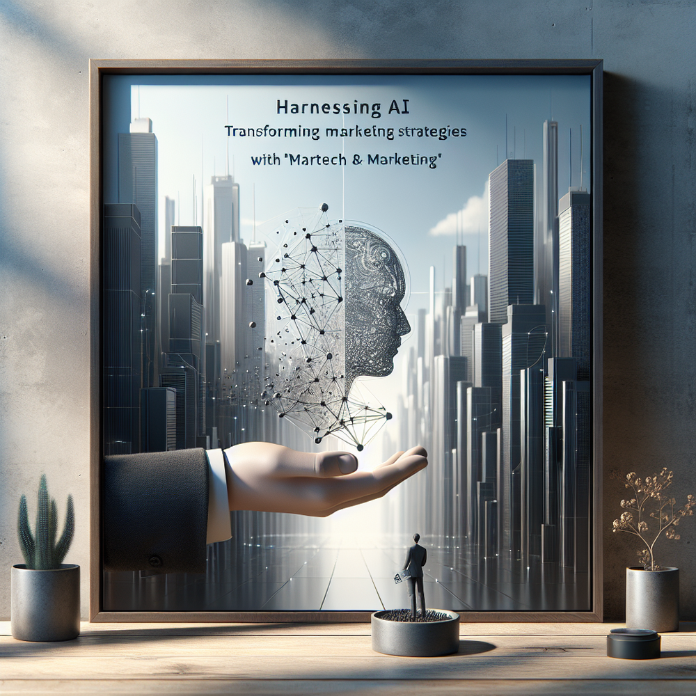 A hand extends from a frame presenting a city skyline with digital imagery of a human head made of dots and lines.