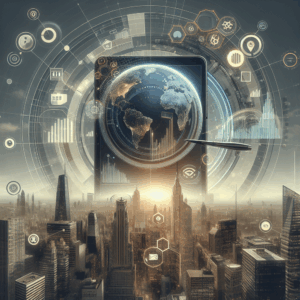 A futuristic cityscape with a large globe and data visualizations.