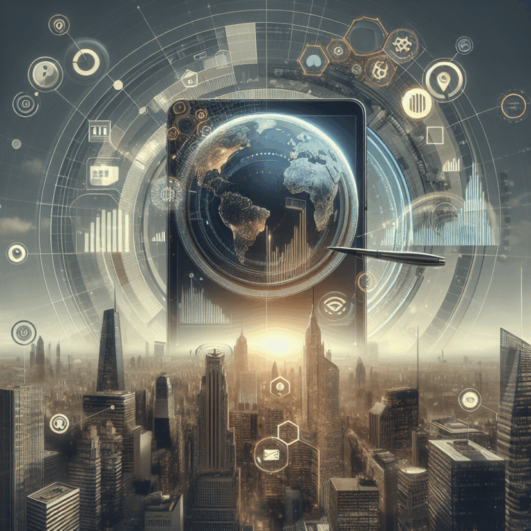 A futuristic cityscape with a large globe and data visualizations.