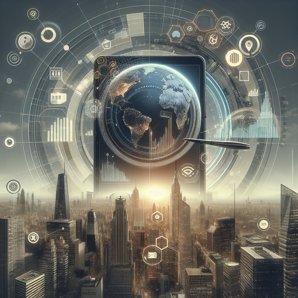 A futuristic cityscape with a large globe and data visualizations.