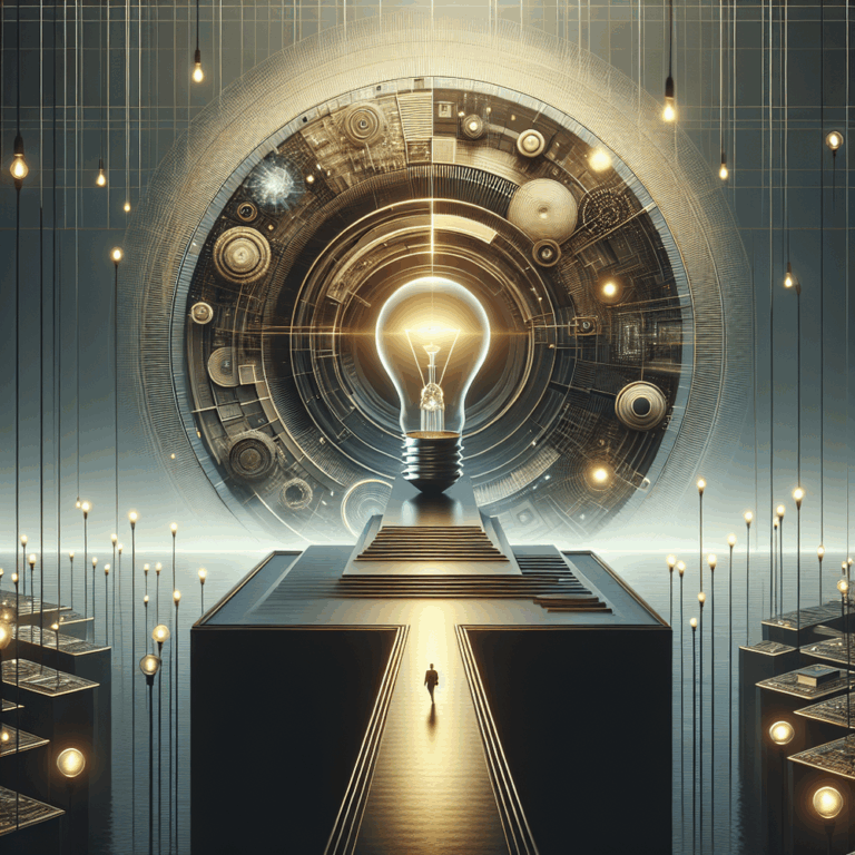 A surreal scene featuring a light bulb on a pedestal with glowing elements in the background.