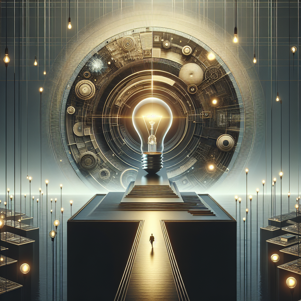 A surreal scene featuring a light bulb on a pedestal with glowing elements in the background.