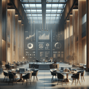 Modern office interior with data displays and seating areas.