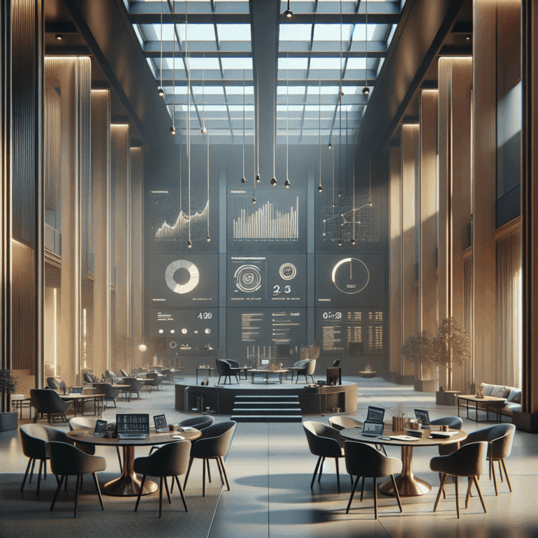 Modern office interior with data displays and seating areas.