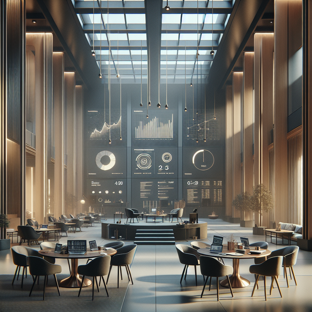 Modern office interior with data displays and seating areas.