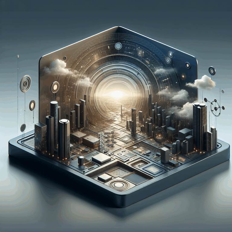 Futuristic cityscape with technological elements and a glowing portal.