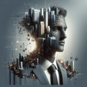 Abstract representation of a male figure with a cityscape integrated into the head.