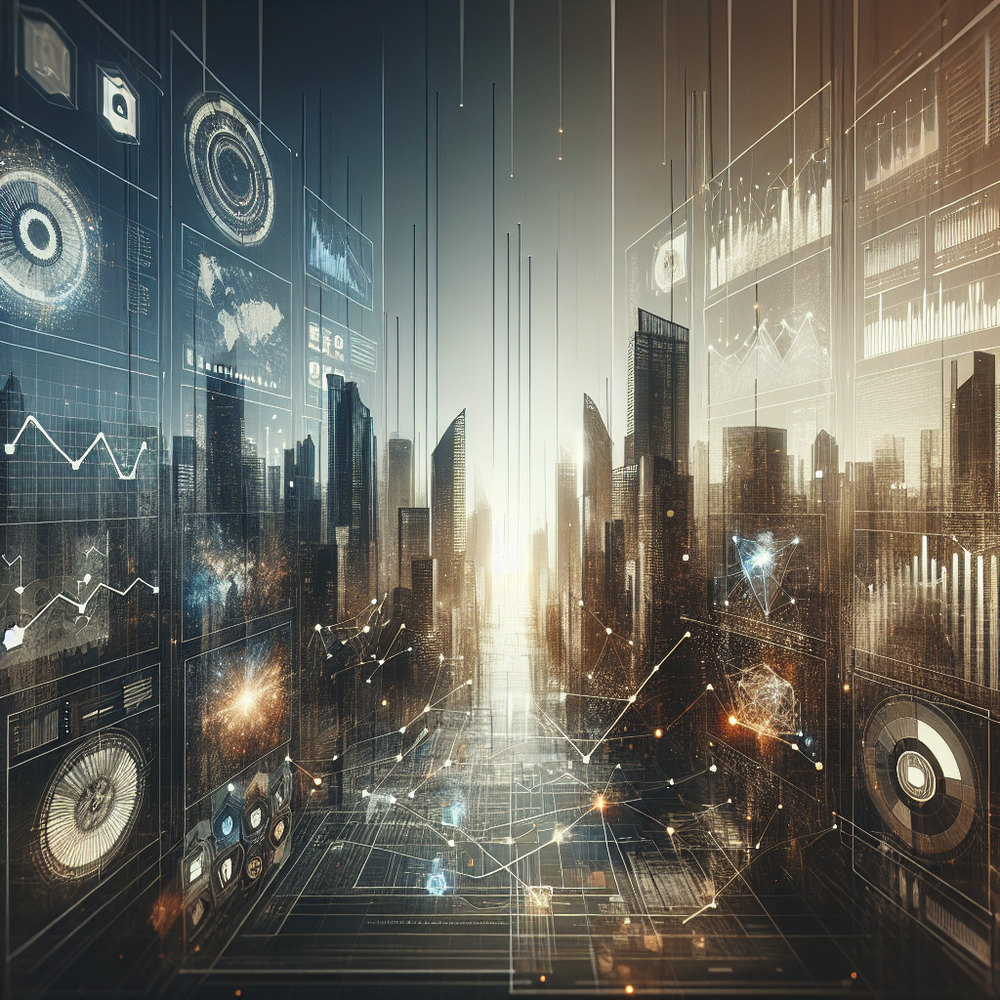 Futuristic cityscape with digital data displays and graphical overlays.