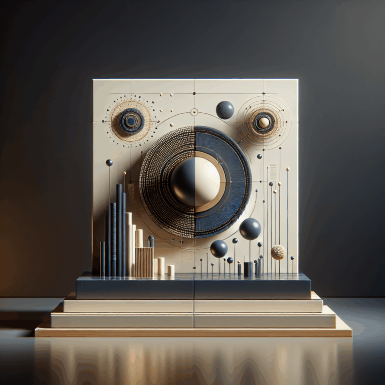 Abstract geometric artwork featuring spheres and columns in a modern design.