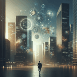 Ambiente corporativo minimalista com elementos digitais sofisticados em tons azul escuro e dourado.