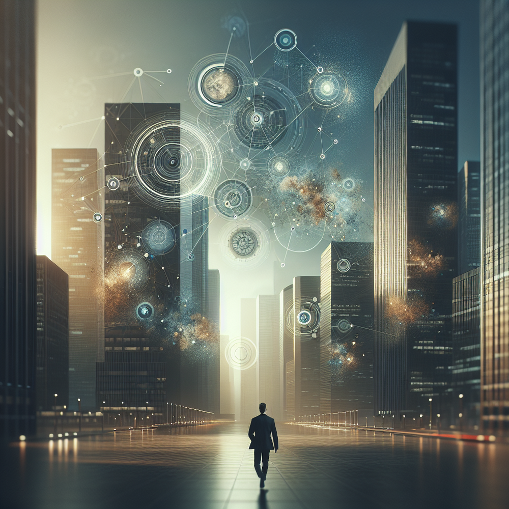 Ambiente corporativo minimalista com elementos digitais sofisticados em tons azul escuro e dourado.