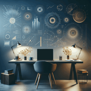 Salas minimalistas iluminadas por luz suave revelando telas com gráficos e dados digitais