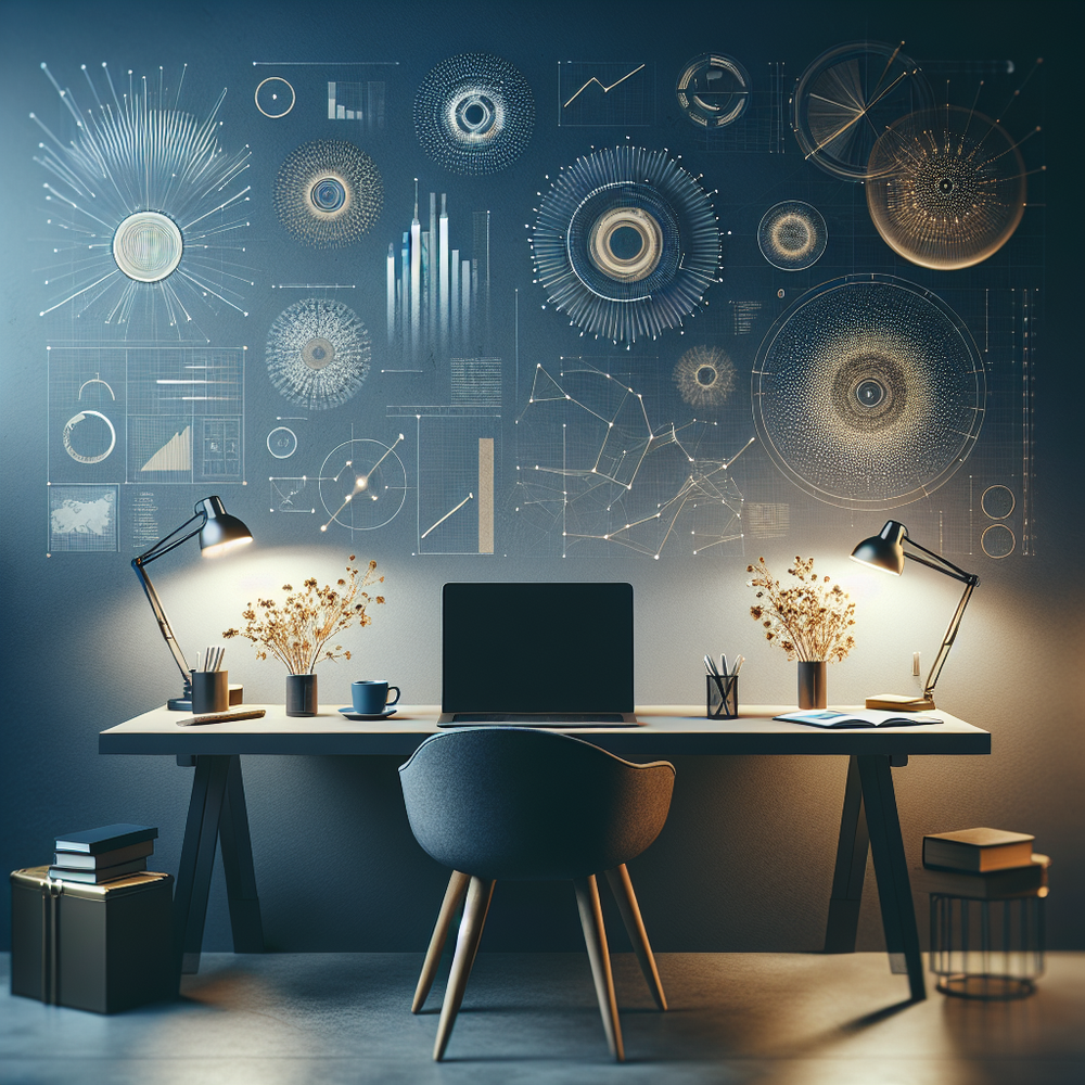 Salas minimalistas iluminadas por luz suave revelando telas com gráficos e dados digitais