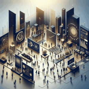 Sala digital minimalista com telas de dados e gráficos em tons azul e dourado