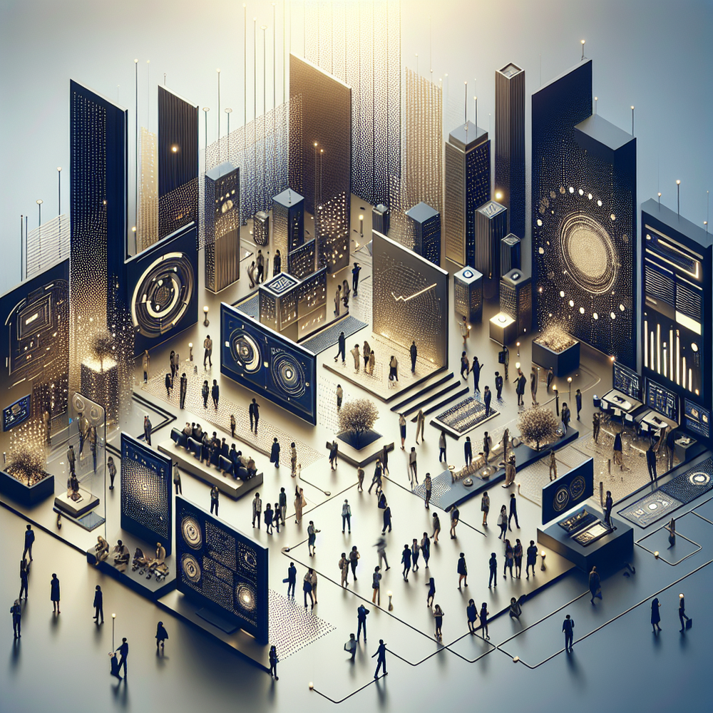 Sala digital minimalista com telas de dados e gráficos em tons azul e dourado