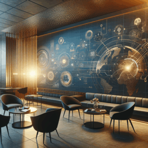 Ambiente digital com elementos de dados, inovação e tecnologia, sem pessoas ou textos.