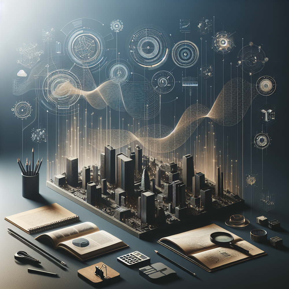 Ambiente minimalista com elementos digitais e telas iluminadas mostrando gráficos modernos.