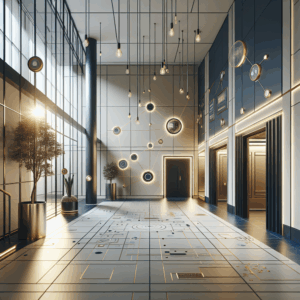 Modern lobby with hanging lights and abstract wall art.