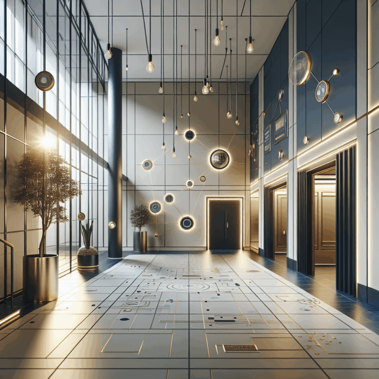 Modern lobby with hanging lights and abstract wall art.