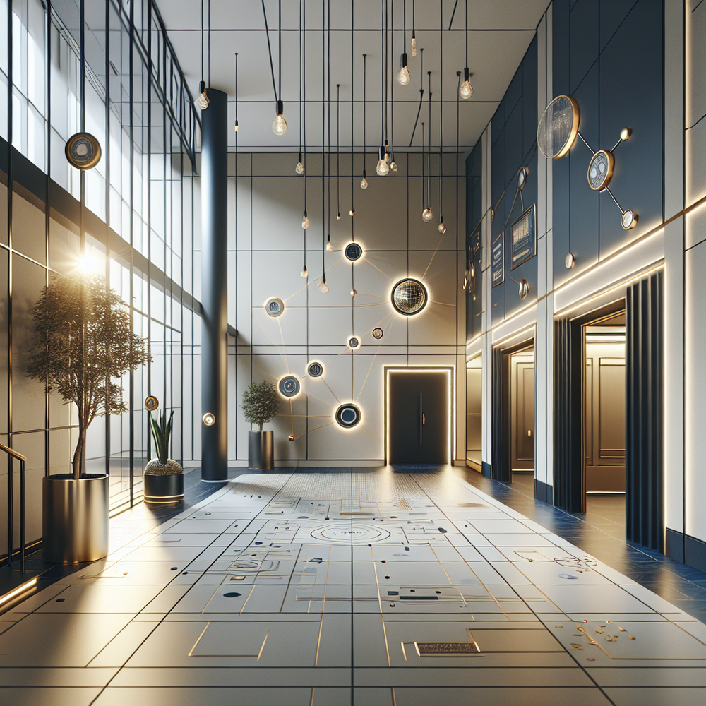 Modern lobby with hanging lights and abstract wall art.