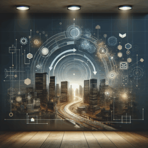 Ambiente digital abstrato com luz suave e elementos tecnológicos em azul escuro e dourado