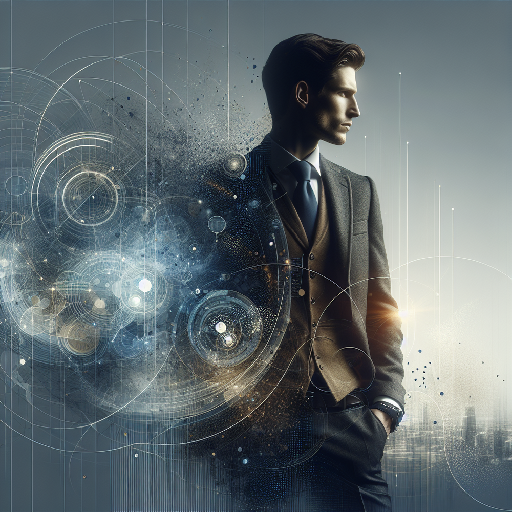 Ambiente minimalista mostrando elementos digitais e gráficos de dados em contexto inovador