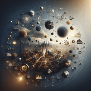 Ambiente digital sofisticado com elementos abstratos, luz suave, indicando evolução tecnológica.