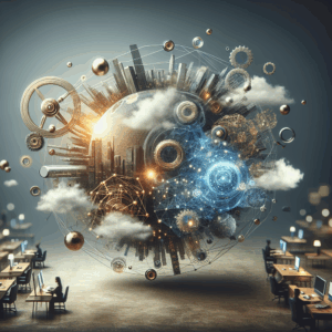 Ambiente digital abstrato com telas e fluxos de dados, representando marketing multimodal