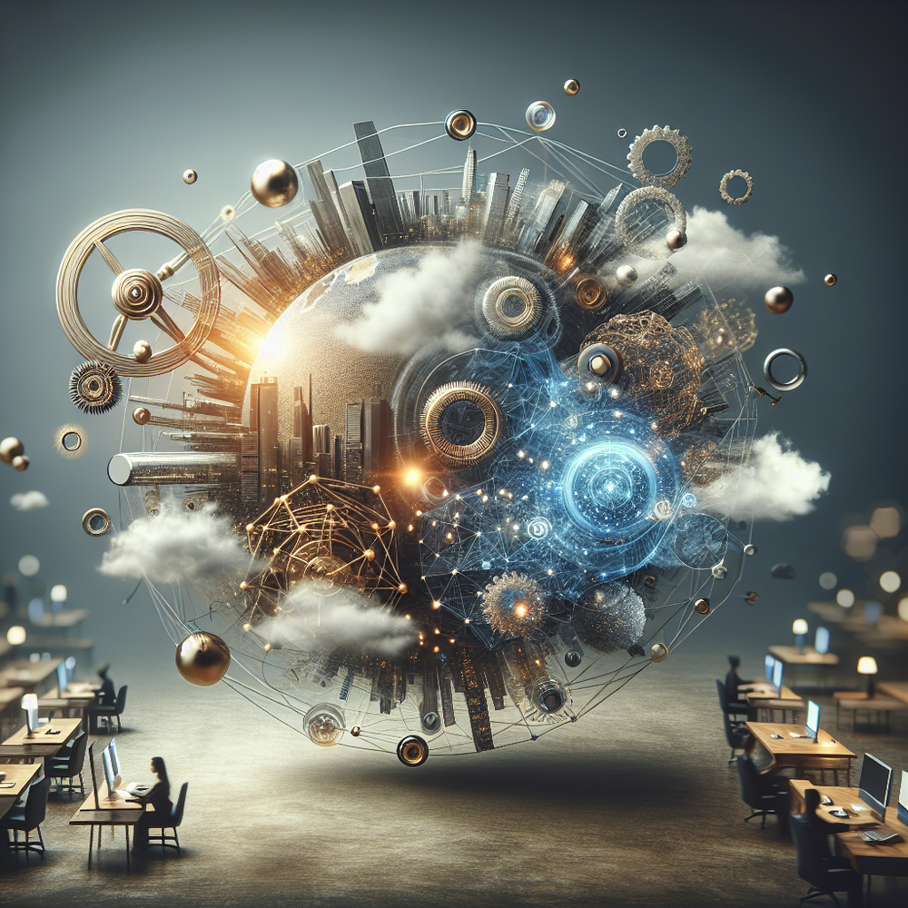 Ambiente digital abstrato com telas e fluxos de dados, representando marketing multimodal