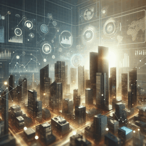 Digital cityscape with graphs and data visuals overlaying skyscrapers.