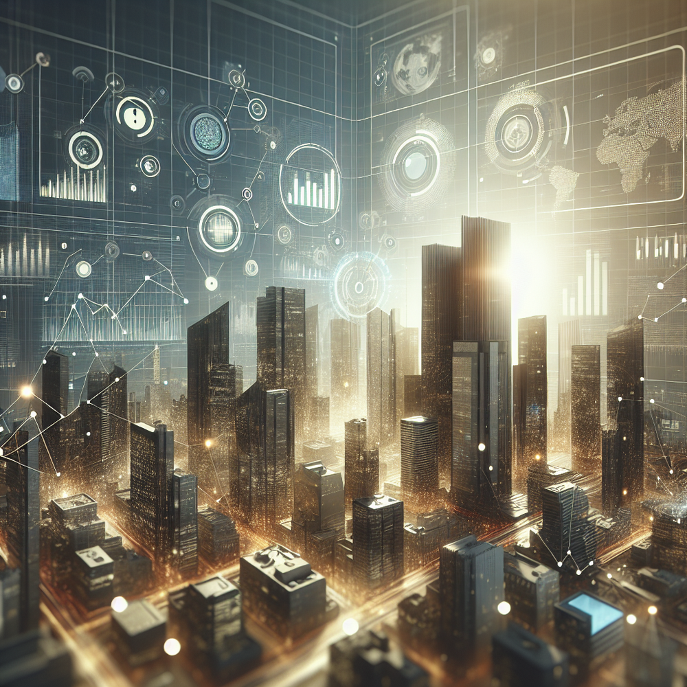Digital cityscape with graphs and data visuals overlaying skyscrapers.