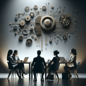 Group of professionals at a table with a tech-inspired wall design in the background.