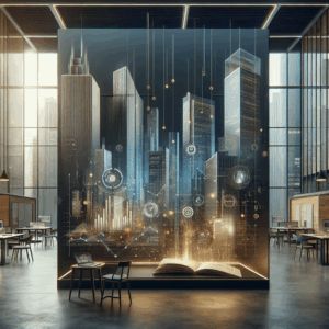 Ambiente digital minimalista com luz suave e tons azul escuro e dourado, sugerindo inovação em marketing