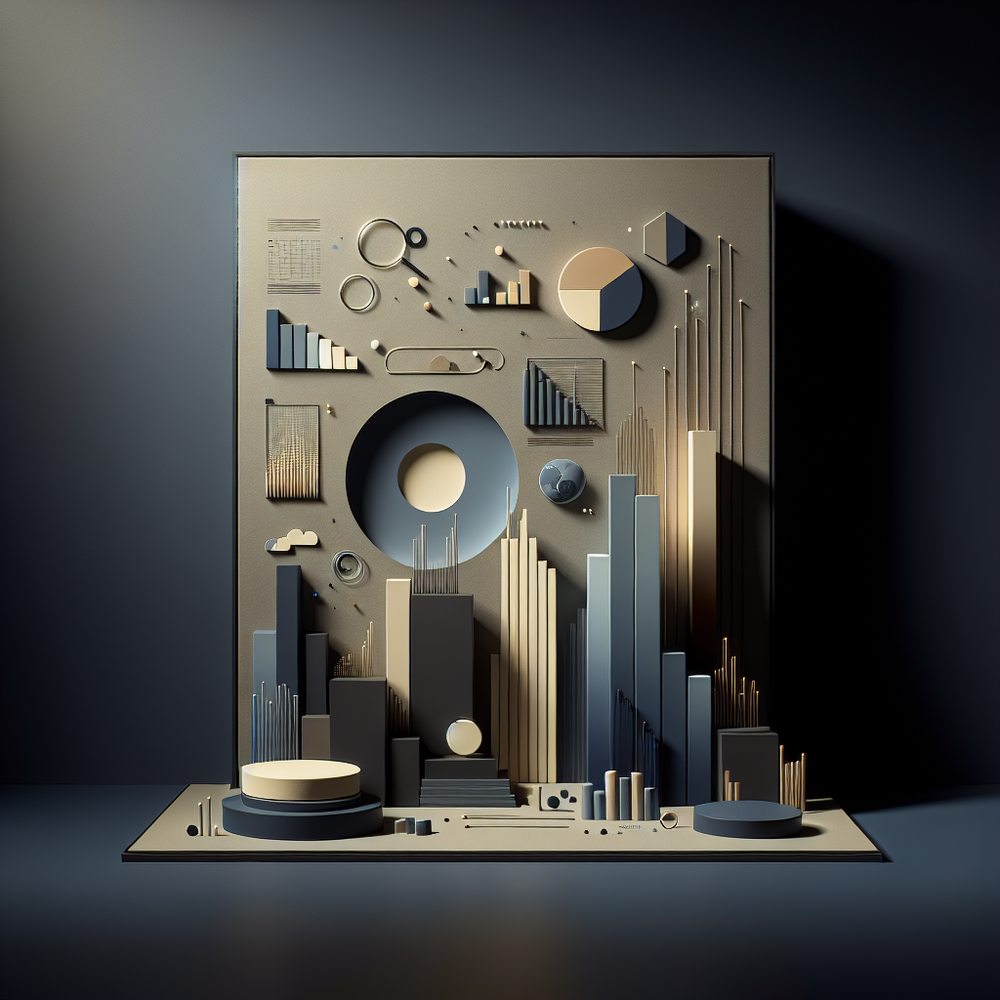 Ambiente futurista minimalista com luz suave, cores azul escuro, cinza e dourado.