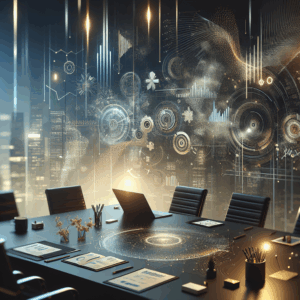 Sala minimalista com luz suave, telas digitais exibindo gráficos e dados do marketing.