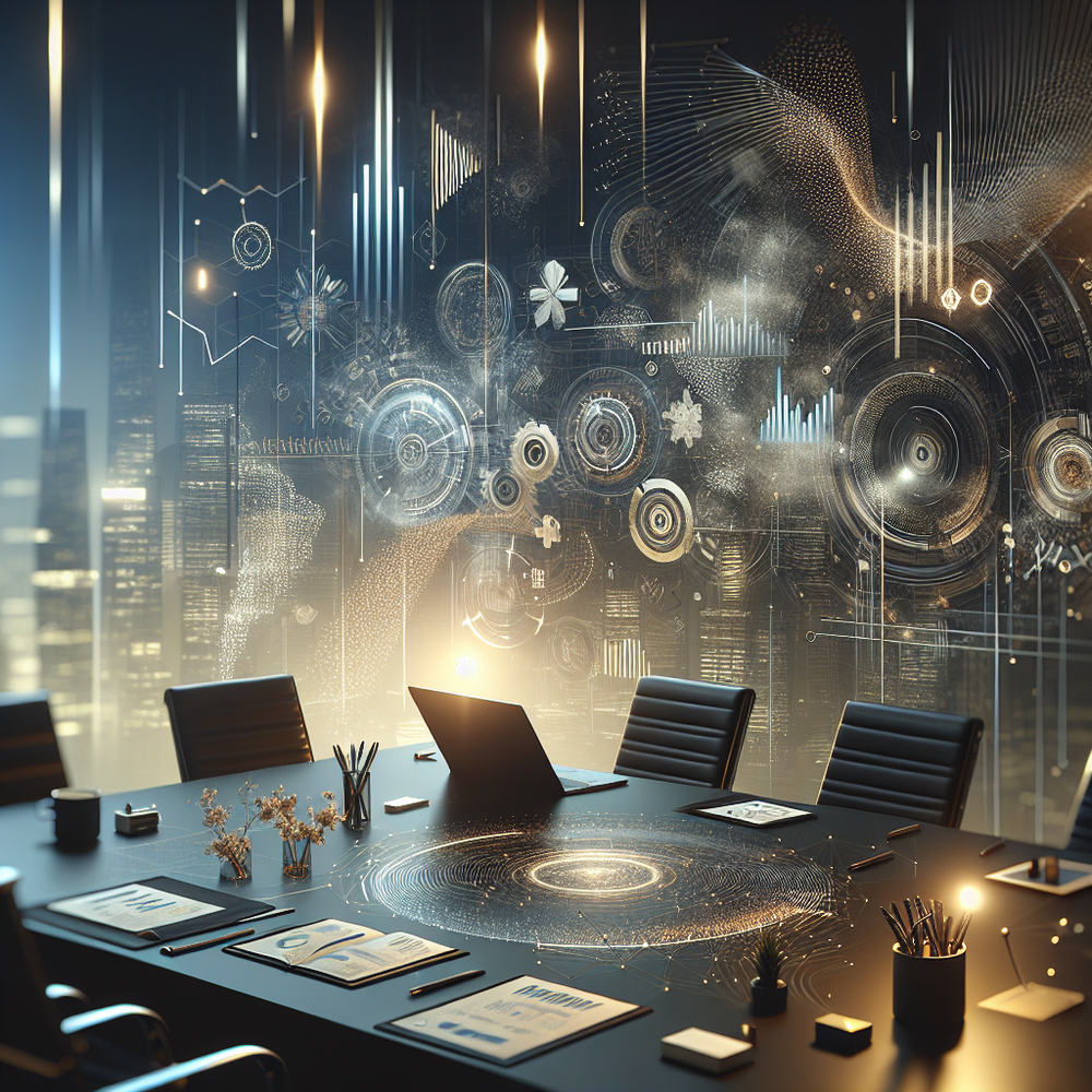 Sala minimalista com luz suave, telas digitais exibindo gráficos e dados do marketing.