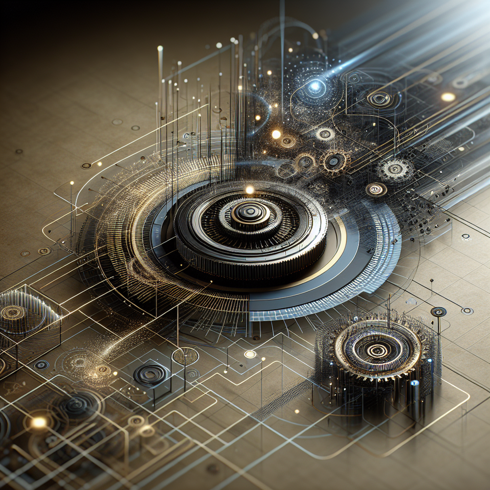 Sala minimalista e tecnológica em tons azul escuro, cinza e dourado, representando evolução digital.