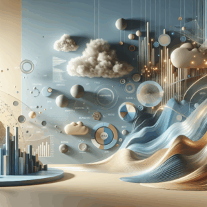 Sala minimalista, tela grande exibindo dados e gráficos digitais em tons sofisticados