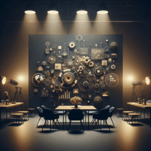 Cenário minimalista com elementos digitais abstratos em azul escuro e dourado, sugerindo inovação.