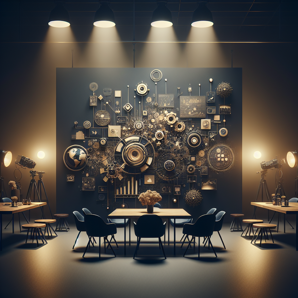 Cenário minimalista com elementos digitais abstratos em azul escuro e dourado, sugerindo inovação.