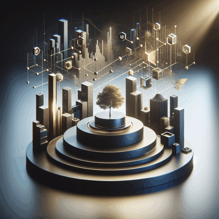 Luzes suaves sobre materiais tecnológicos e elementos naturais em cenário minimalista.