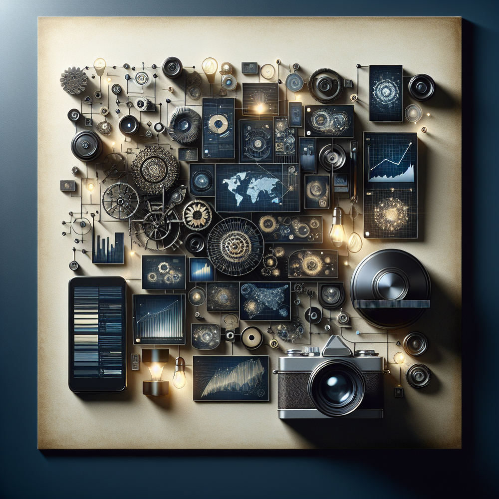 Ambiente digital sofisticado com elementos de dados, tecnologia e inovação em foco