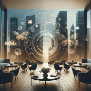 Ambiente digital abstrato com luz suave, sugerindo transformação tecnológica em marketing.